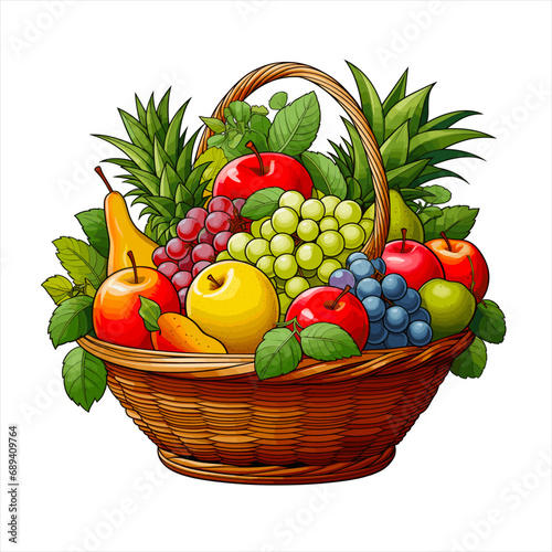 Watercolor of a wicker basket with an image of colorful fruits isolated on a white background