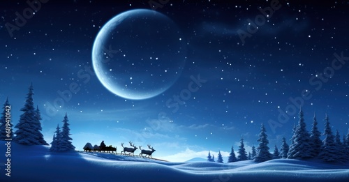 Santa Claus, expansive winter sky, gracefully guiding his sleigh pulled by six reindeer © Stock Pix