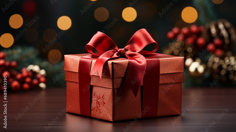 Beautiful red present box with gold ribbon. Concept of holidays and gifts Beautiful red present box with gold ribbon. Concept of holidays and gifts