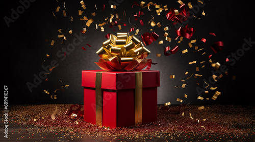 Beautiful red present box with gold ribbon. Concept of holidays and gifts  © lisssbetha