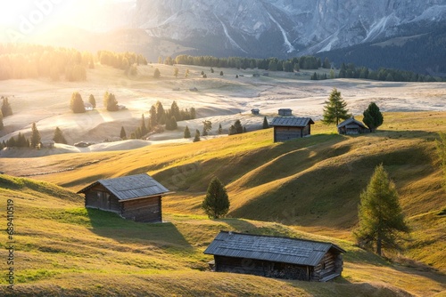 Alpine huts on the Alpe di Siusi, Dolomites, South Tyrol, Trentino-Alto Adige, Italy, Europe photo
