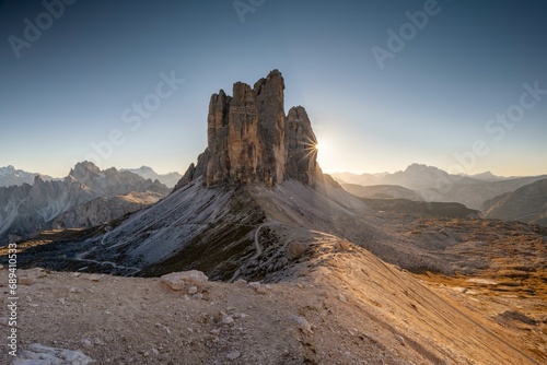 View of the Three Peaks from the Patternsattel, sunset, Sesto Dolomites, South Tyrol, Trentino-Alto Adige, Italy, Europe photo