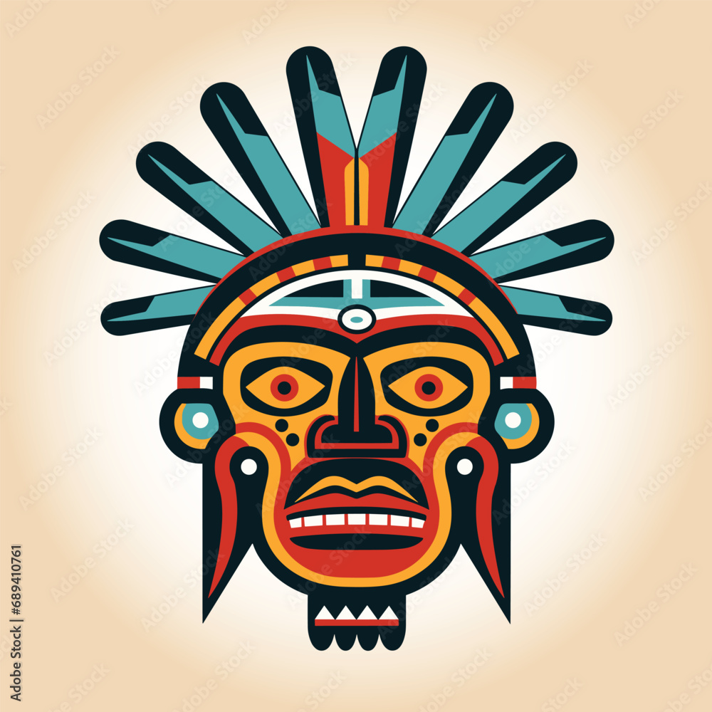 Aztec Face Mask Vector Illustration. Ancient Mayan Mask