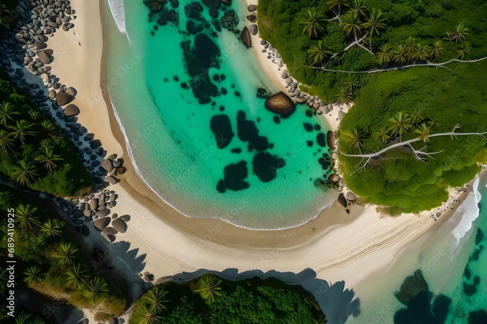 A serene island shoreline with distinctive island-endemic flora along the beach
