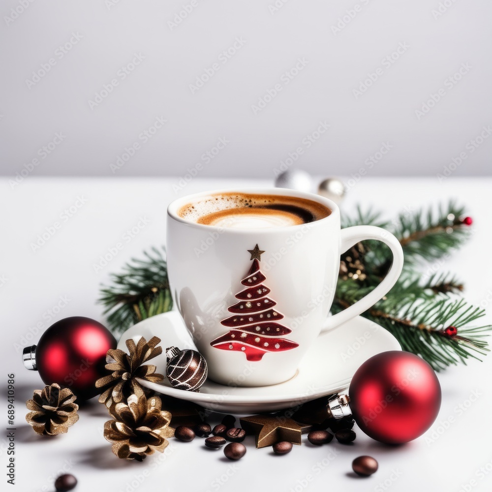 Fototapeta premium Coffee cup with Christmas ornaments and decoration on white background