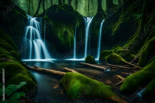 A secret waterfall hidden deep within the heart of an ancient forest