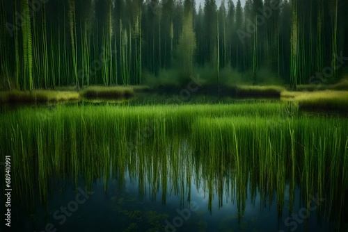 A serene prehistoric swamp with large  ancient horsetail reeds