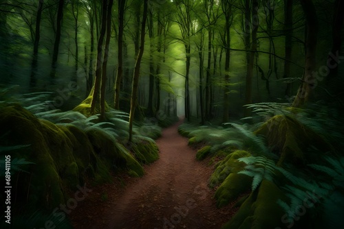 A timeless forest path disappearing into the dense  untouched wilderness of an ancient woodland