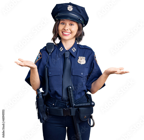 Young beautiful girl wearing police uniform clueless and confused expression with arms and hands raised. doubt concept.