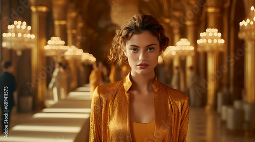 Golden dressed woman in gold room. Luxury and premium photography for advertising product design. Fashion beautiful european woman 