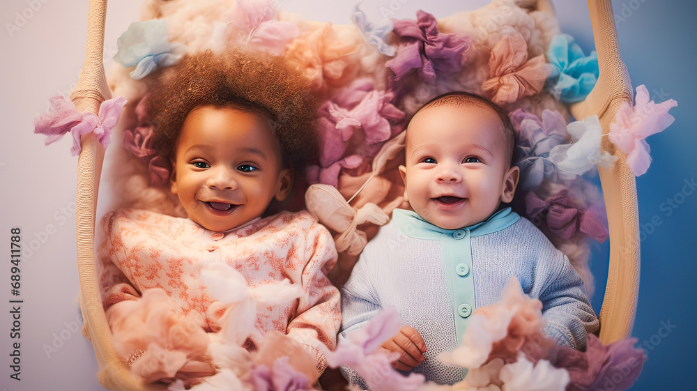 Fototapeta premium Aerial view: Smiling infants, diverse backgrounds, pastel harmony, innocent joy.