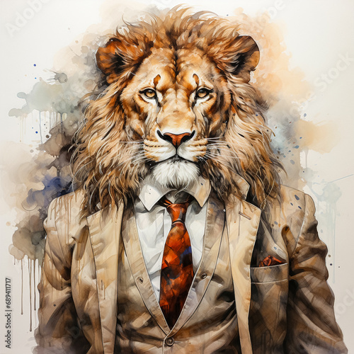 A business watercolor lion in an elegant suit