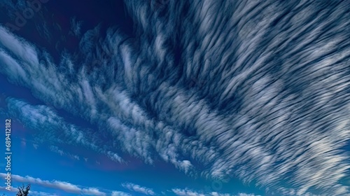 Wispy cirrus clouds on a canvas of deep blue, creating a serene and ethereal atmosphere