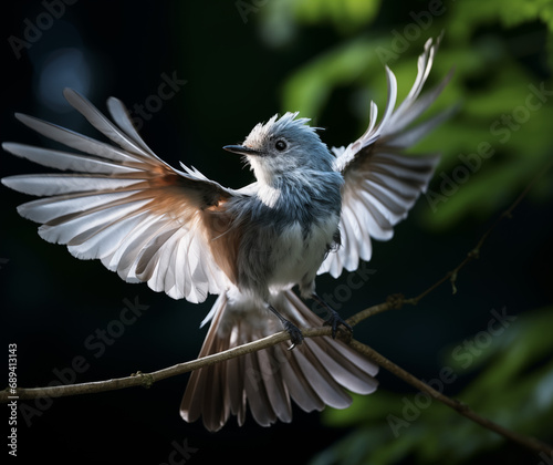A blue bird spreads its wings in a moment of flight.