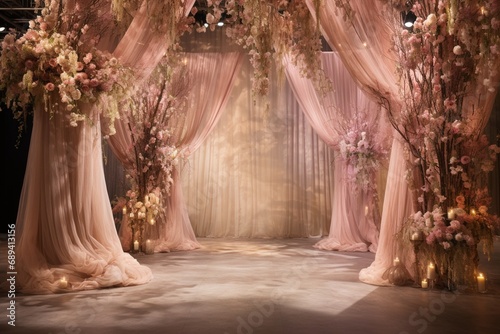 An ethereal stage decorated with soft drapes, floating floral arrangements, and subtle candlelight, casting a magical aura. photo