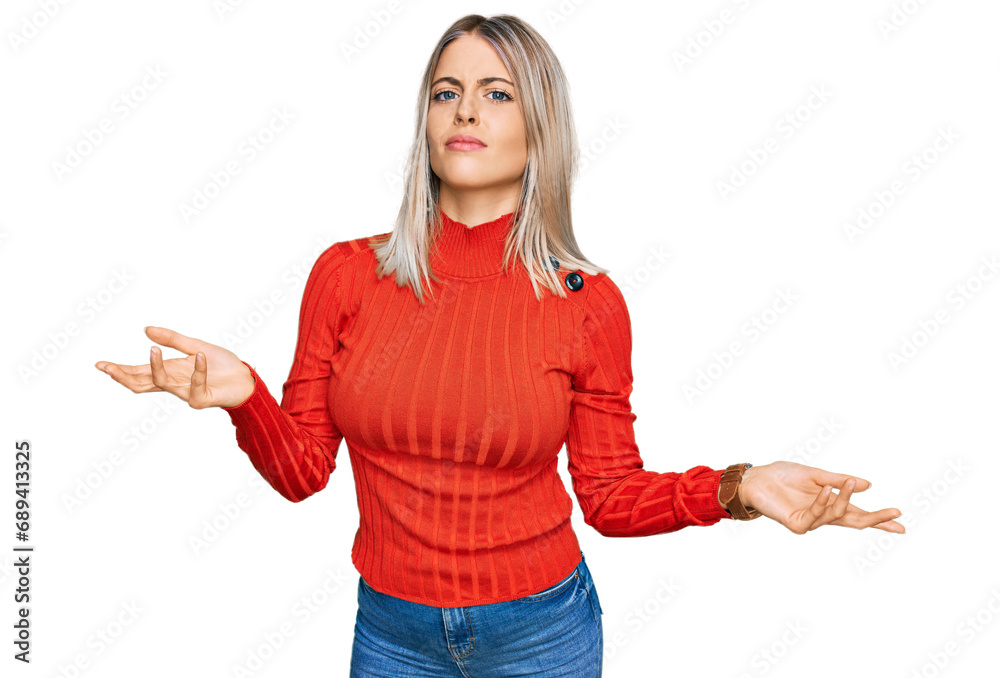 Beautiful blonde woman wearing casual clothes clueless and confused with open arms, no idea concept. Beautiful blonde woman wearing casual clothes clueless and confused with open arms, no idea concept.
