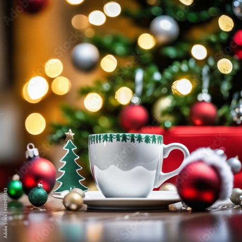 Coffee cup with Christmas ornaments and decoration on wooden background © shaadjutt36