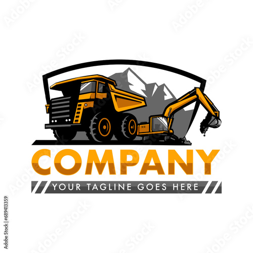 Excavator and dump truck logo design for construction company, heavy equipment work, transportation vehicle mining	
