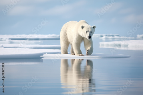 Polar Bear Strolling on Melting Ice in Daytime, Amid Puddles and Ice Patches