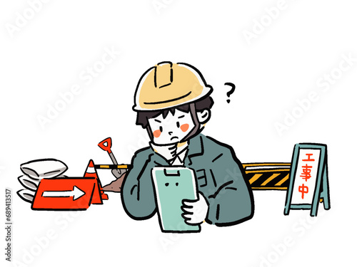 疑問に感じる作業員と工事現場のイラストセット