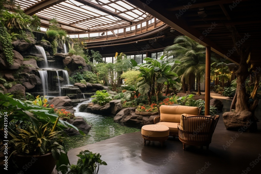 An indoor botanical garden with a variety of exotic plants, serene water features, and comfortable seating areas.