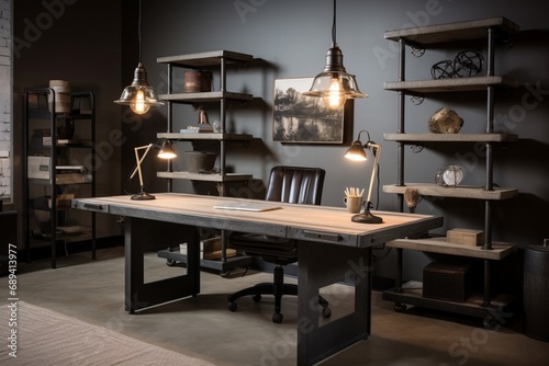 An industrial-chic home office featuring a reclaimed wood desk, metal shelving, and Edison bulb pendant lights, radiating trendy sophistication.