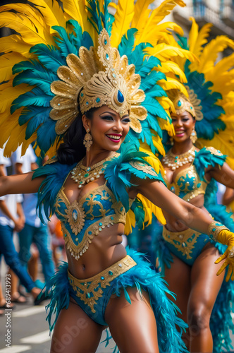 A samba dancers with sparkling sequin outfits and feathered headdresses, dancing in the streets of Rio during Carnival