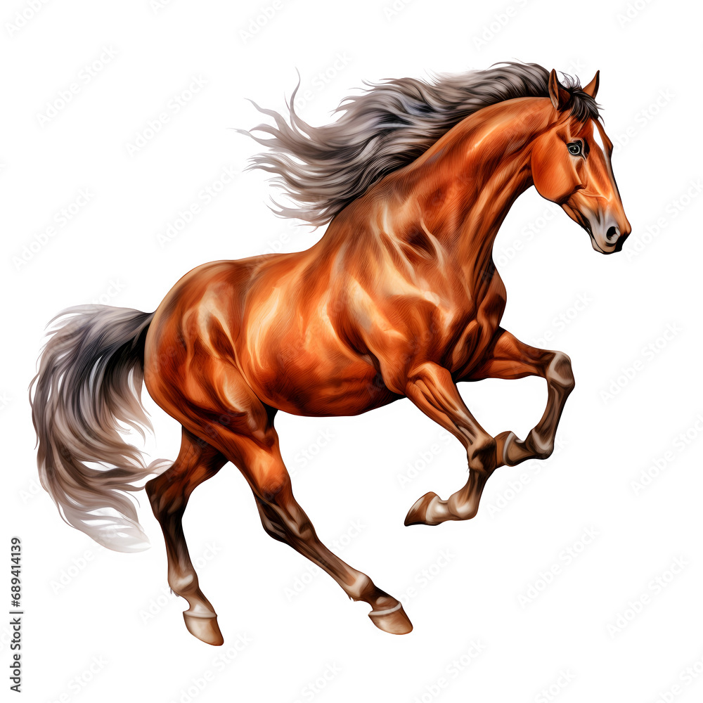 Brown horse in a graceful running pose  isolated on transparent background Generative AI
