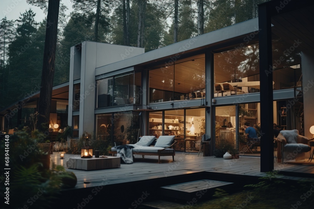 Stylish modern house in the forest panoramic Windows glazing