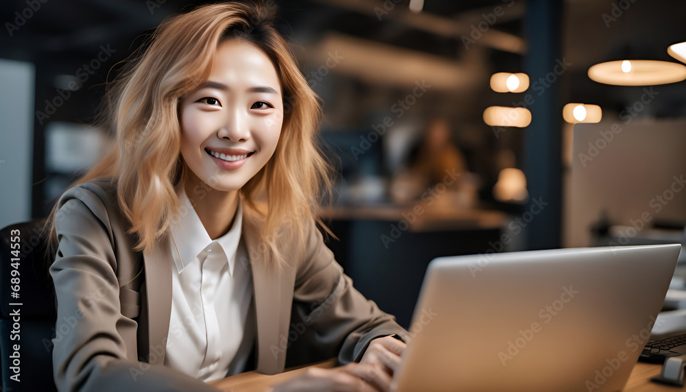 オフィスでノートパソコンを使って仕事をしながら微笑む若い女性|クローズアップポートレート オフィスでノートパソコンを使って仕事をしながら微笑む若い女性|クローズアップポートレート