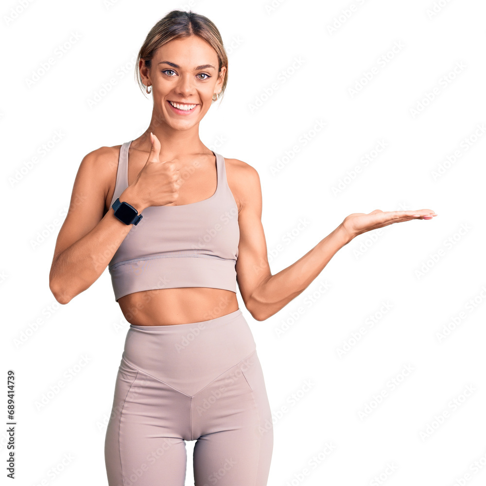 Beautiful caucasian woman wearing sportswear showing palm hand and doing ok gesture with thumbs up, smiling happy and cheerful Beautiful caucasian woman wearing sportswear showing palm hand and doing ok gesture with thumbs up, smiling happy and cheerful