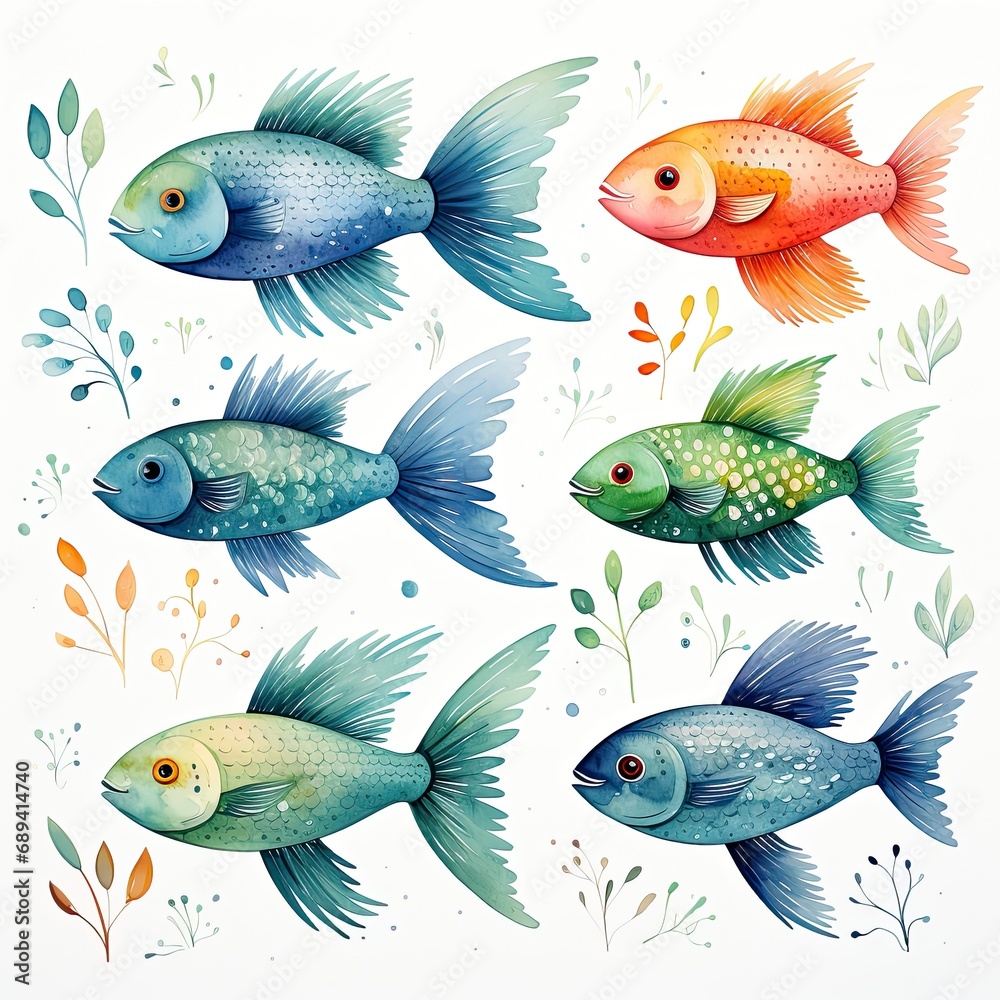 Beautiful fish pattern drawing with watercolor paints. Watercolor drawing of bright fish on a white background. Fish pattern for printing on fabric, paper and plastic. Generative ai