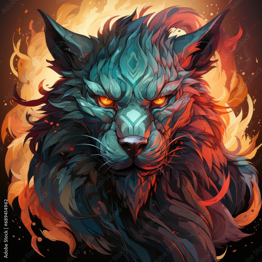 Concept art illustration of an evil dragon's head in flames. Dangerous lion head illustration stylized art. Dangerous scary predator dragon tattoo, banner, print for clothes and paper.