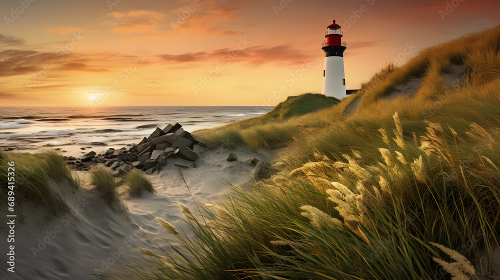 sand dune beach with ocean, grass and lighthouse at sunset