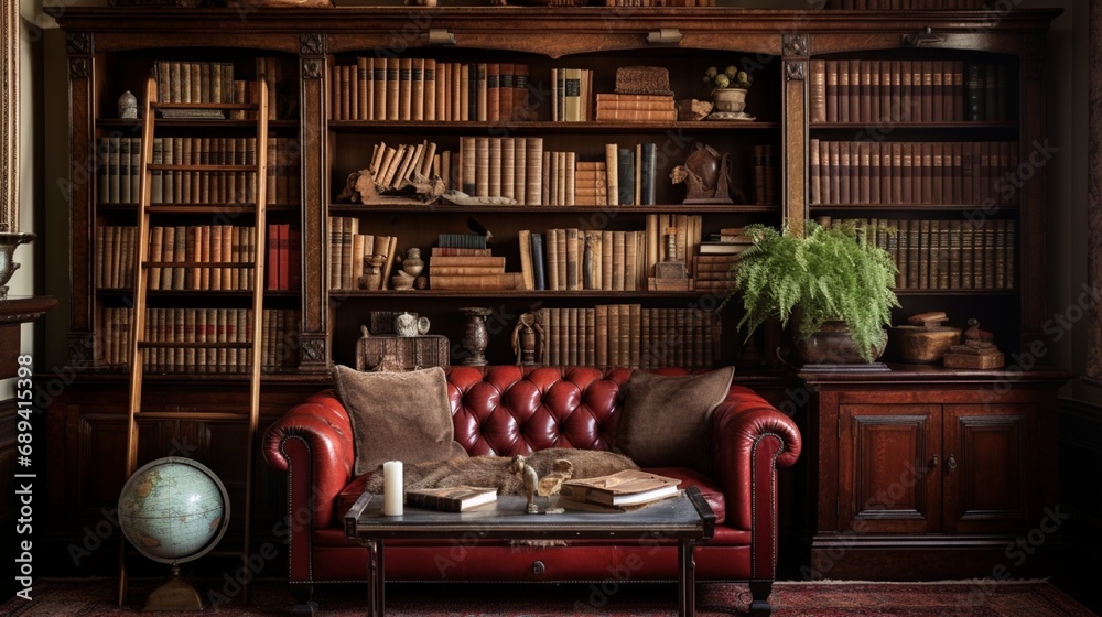 Antique mahogany bookshelf filled with books and decorative items in a ...