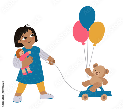 Little girl play with doll and teddy bear. Playing toys scene isolated on white. Hand drawn illustration. Vector