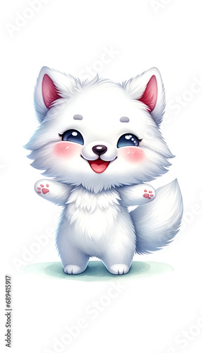 An endearing white cartoon  arctic fox  polar with fluffy fur and sparkling eyes  waving in a friendly manner  isolated on a white background. 