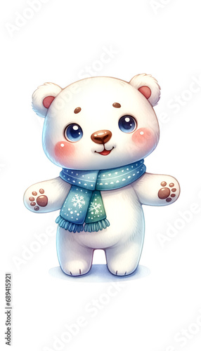 Cute polar bear wearing a blue scarf from the North Pole, cartoon style, perfect for children's books and holiday decorations © Alla