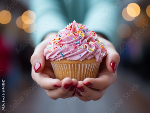 A child's hands holding a cupcake covered with rainbow sprinkles, joyful and bright