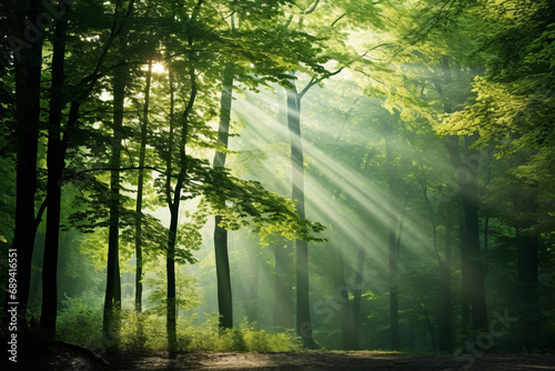 mystical forest scene with rays of sunlight piercing through the mist and illuminating the vibrant green foliage of the trees. © Enigma