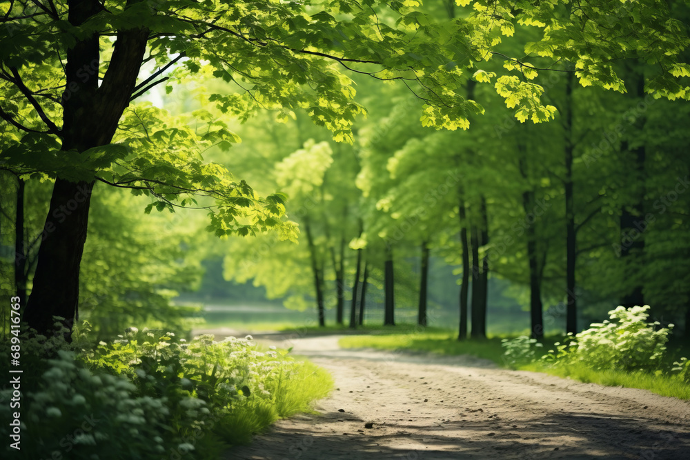 Naklejka premium serene forest path dappled with sunlight, where the lush green leaves glow against the soft shadows, creating a peaceful and inviting atmosphere.