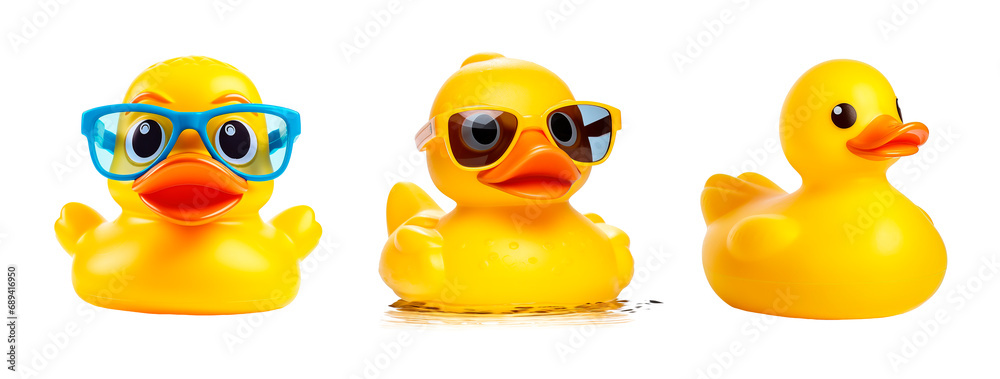 Funny rubber ducks over isolated transparent background - obrazy, fototapety, plakaty 