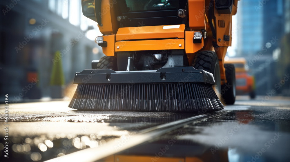 Street cleaner. Demonstration of harvesting equipment. Road sweeper. Vehicle for street cleaning. Machine with brushes for cleaning.