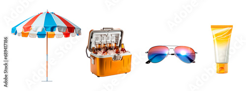 Summer starter pack objects. Umbrella, cooler full of cold beers, sunglasses and sunscreen. Isolated over transparent background photo