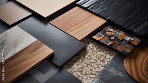 Close-up shot highlighting the rich textures of different wood samples positioned on a modern concrete surface, perfect for interior design inspiration.