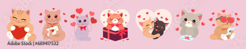 Set of cute cats on pink background. Valentine's Day celebration