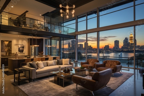 Contemporary urban loft hall featuring modern decor and expansive skyline views. © UMR