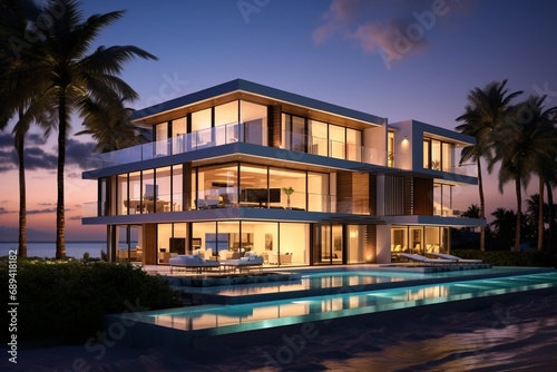 Contemporary waterfront hall in Miami Beach, boasting sleek lines and stunning ocean views.