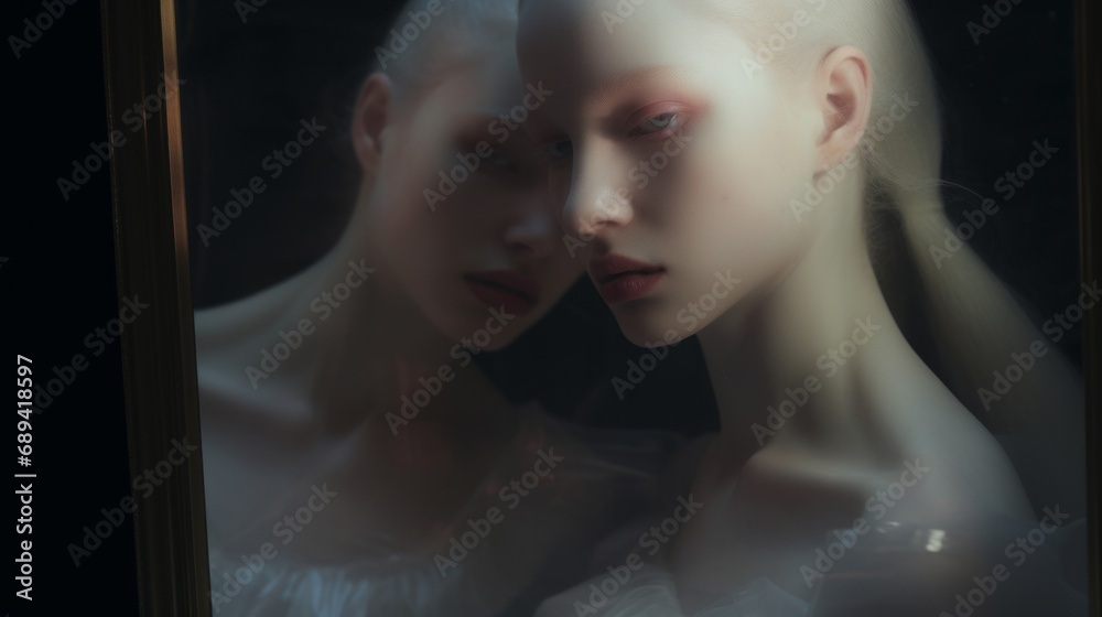 Reflection of Beauty: A Portrait of a Woman and Her Mirror Image Reflection of Beauty: A Portrait of a Woman and Her Mirror Image