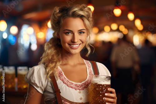 Waitress woman with big glasses mug beer full of beers at Oktoberfest in Munich, Bavaria. one blonde happy german young girl with smiley face. female wear traditional Oktoberfest dress. Generative ai photo